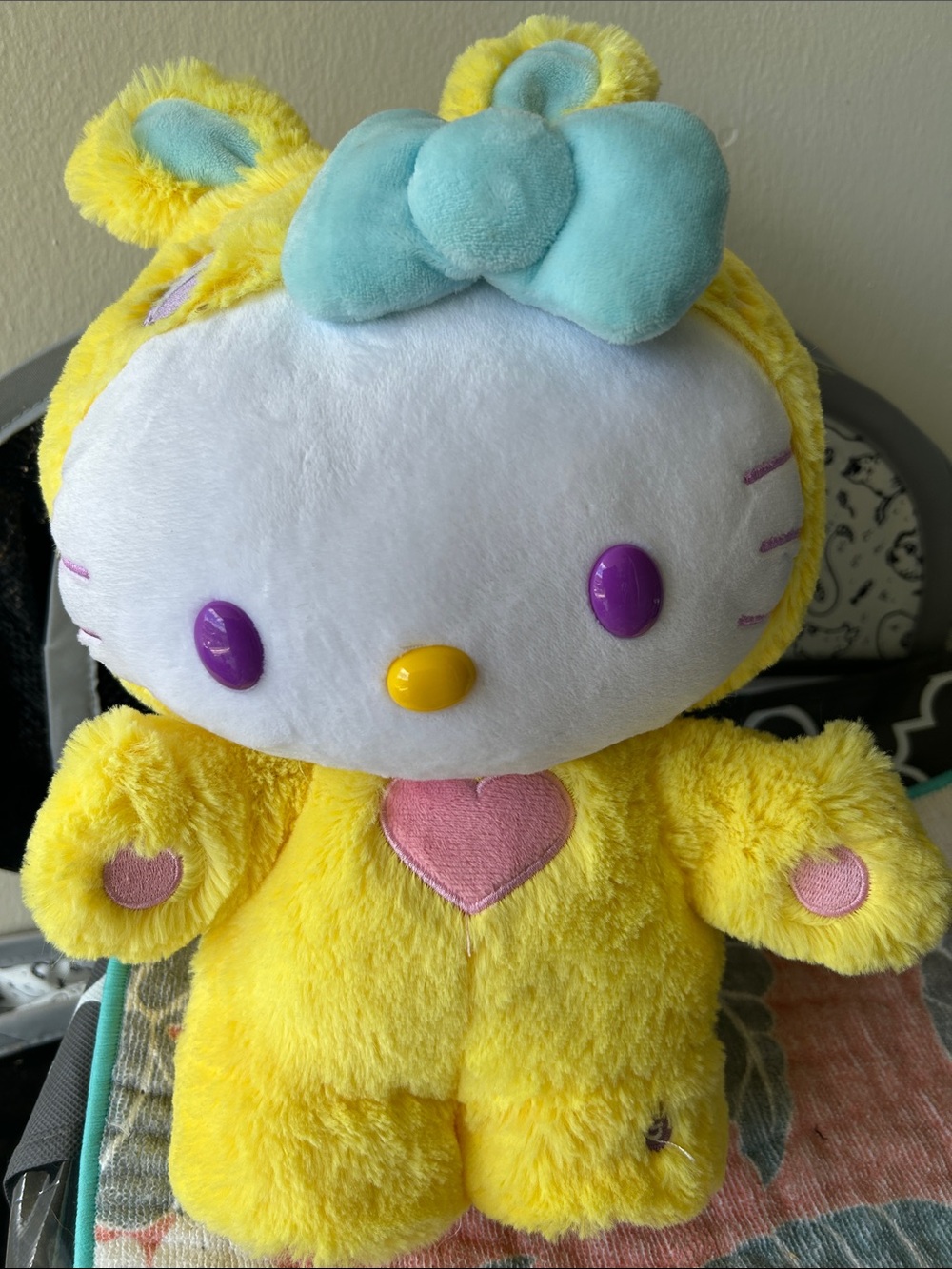 Hello Kitty Plush Yellow with Blue Bow and Purple Eyes
